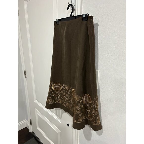 Peck & Peck Brown Silk Linen Blend Embroidered A-Line Skirt Womens Size 6 Boho - Picture 3 of 9